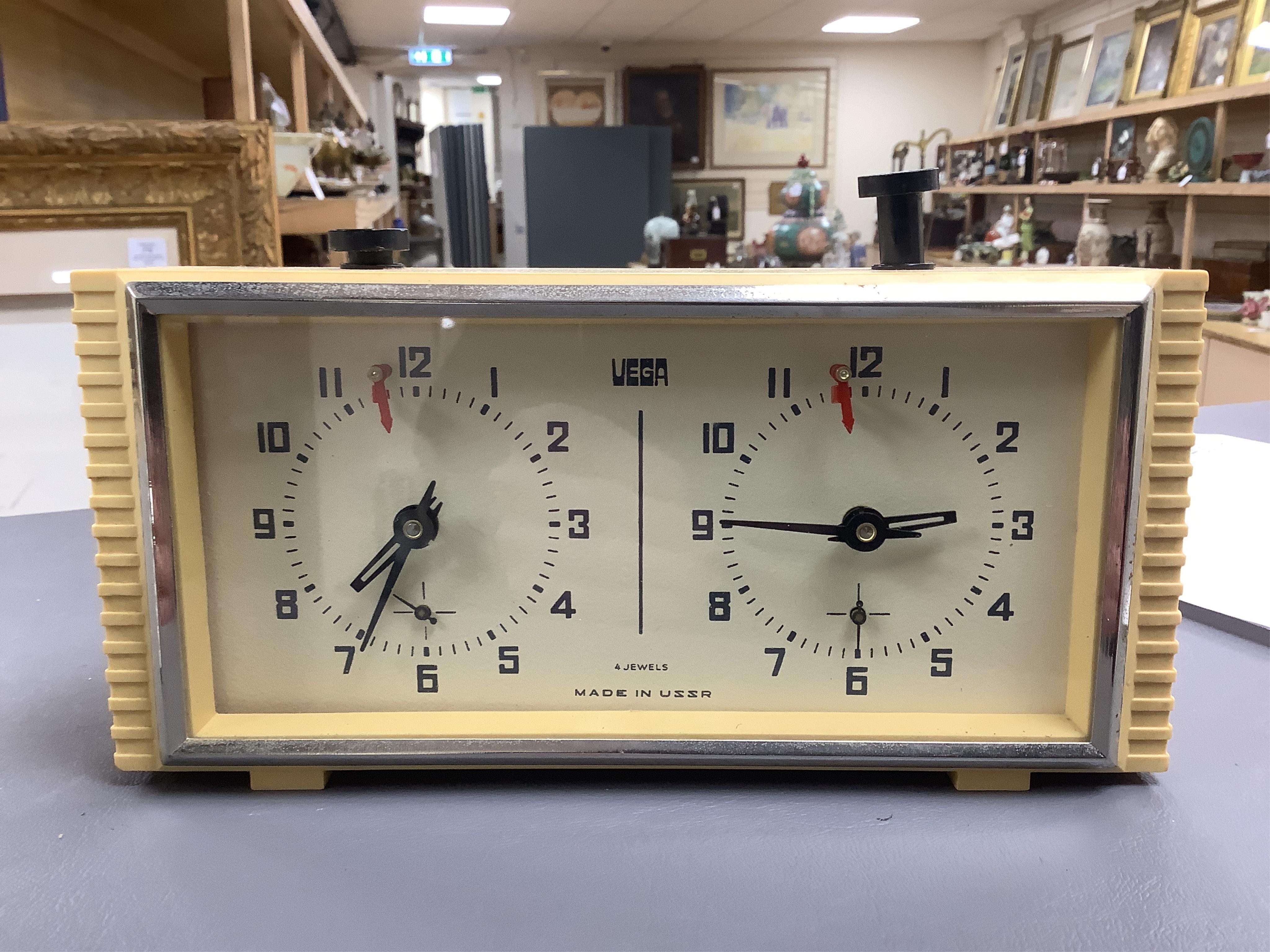 Four Russian USSR chess timers (clocks), three by Vega and a Yantar. Condition - fair to good, Yantar missing glass front.